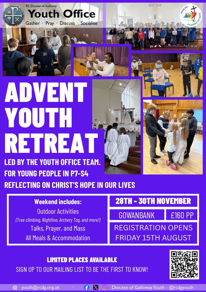 In P7-S4? Save the date and join young people from across the Diocese for their Advent Retreat from the 28th-30th November! Limited places available, registration opens Friday 15th August!