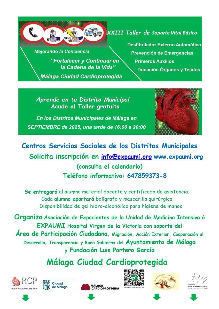 _ibima's tweet image. 🫀 En septiembre, ¡fórmate GRATIS en #SVB y uso del #DEA!
📍 11 cursos en distritos de Málaga
📅 Del 10 al 29 de septiembre
✉️ Inscripción: info@expaumi.org
🔗 Más info: expaumi.org
Por una #MálagaCiudadCardioprotegida 💓
@Expaumi_ @malaga