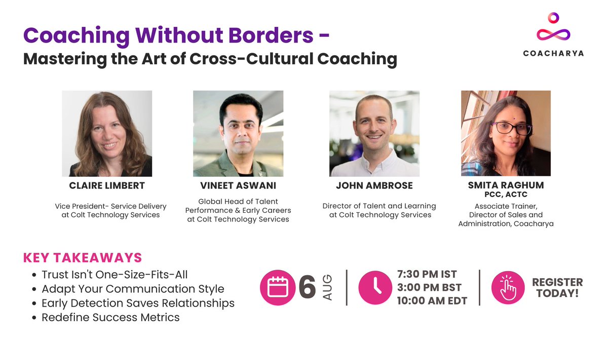 Join us for "Coaching Without Borders", a powerful conversation with leaders from Colt Technology Services and Coacharya.
If you coach, lead, or work with diverse teams—this webinar is for you.

🔗 tinyurl.com/ychf6e5c

#LeadershipMatters #GlobalCoaching #CulturalIntelligence