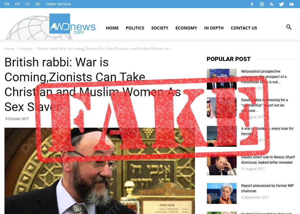GnasherJew®גנאשר (@gnasherjew) on Twitter photo The Islamists at <a href="/CAGEintl/">CAGE International</a> and <a href="/doctor_rahmeh/">Dr Rahmeh Aladwan</a> shared fake news from the Iranian disinformation website awdnews, claiming that the UK Chief Rabbi endorsed sex slavery.
They incite against the <a href="/chiefrabbi/">Chief Rabbi Sir Ephraim Mirvis</a> and Jewish organisations like the <a href="/BoardofDeputies/">Board of Deputies of British Jews</a> using lies and The Islamists at <a href="/CAGEintl/">CAGE International</a> and <a href="/doctor_rahmeh/">Dr Rahmeh Aladwan</a> shared fake news from the Iranian disinformation website awdnews, claiming that the UK Chief Rabbi endorsed sex slavery.
They incite against the <a href="/chiefrabbi/">Chief Rabbi Sir Ephraim Mirvis</a> and Jewish organisations like the <a href="/BoardofDeputies/">Board of Deputies of British Jews</a> using lies and