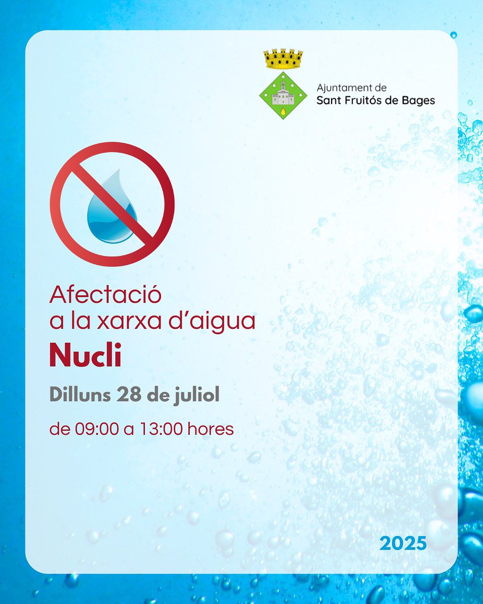 Sant Fruitós Bages (@ajsantfruitos) on Twitter photo 🚱tall d’aigua👇🏻
C. General Prim: 16 i 18
C. Monturiol: del 4 al 20
☎️ Per a qualsevol incidència podeu trucar al telèfon d’atenció a l’usuari d’ <a href="/aiguesmanresa/">Aigües Manresa</a> , el 93 872 55 22, de dilluns a divendres de 8 a 18 hores, i fora d’aquest horari al telèfon d’avaries 900 55 55 22 🚱tall d’aigua👇🏻
C. General Prim: 16 i 18
C. Monturiol: del 4 al 20
☎️ Per a qualsevol incidència podeu trucar al telèfon d’atenció a l’usuari d’ <a href="/aiguesmanresa/">Aigües Manresa</a> , el 93 872 55 22, de dilluns a divendres de 8 a 18 hores, i fora d’aquest horari al telèfon d’avaries 900 55 55 22