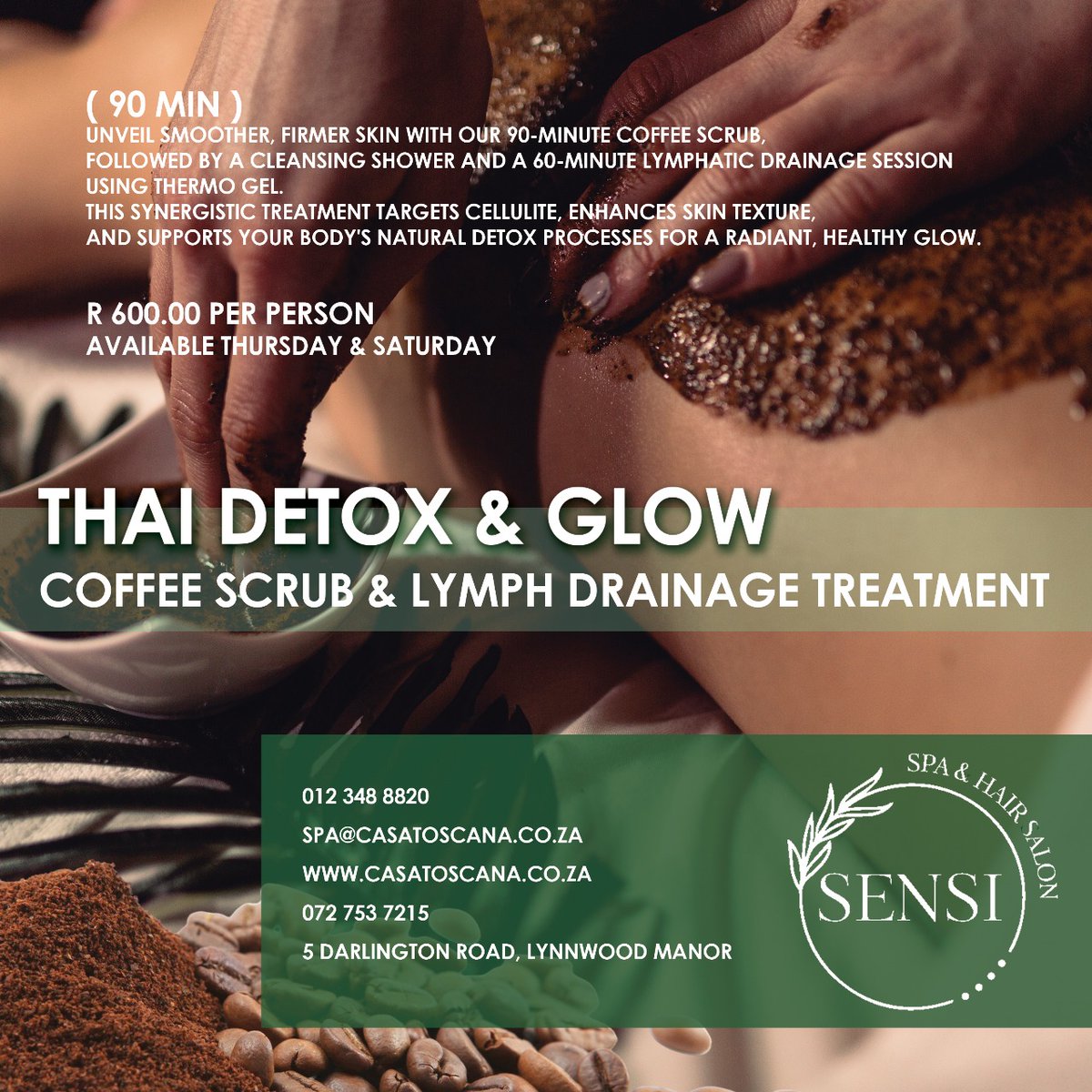 People = life... and coffee = glow! ☕✨ Try our Thai Coffee Detox Massage at Sensi Spa – great for detox &amp; radiant skin!

Only R600 | Thurs &amp; Sat only
Book now 👉 bit.ly/3Z21uOH
#SensiSpa #CoffeeDetox #GlowUp #SelfCare