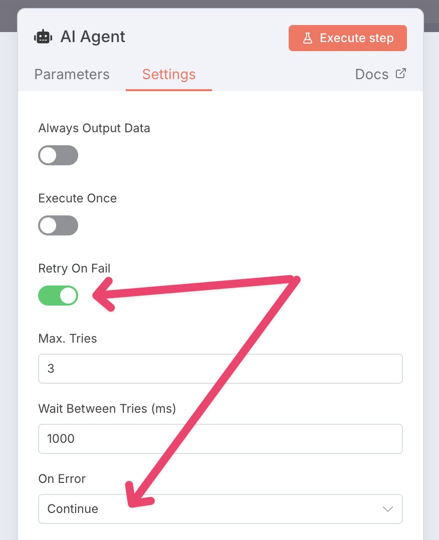 Two things I've found helpful to avoid timeouts when running AI agents in <a href="/n8n_io/">n8n.io</a> is to use the loop items and wait nodes. 

Spaces out time between executions!

Plus, enable the 'retry on fail' and 'on error continue' in the agent settings, helps when running large batches.