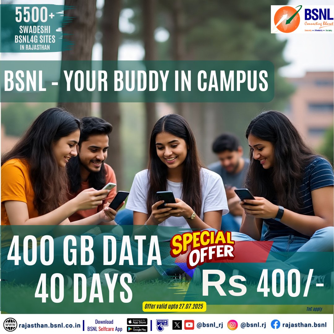 BSNL_RJ's tweet photo. 🚨Data lovers, avail your dream plan soon !
📅Valid upto 27.07.2025
Giving you 400GB 🚀data with 40 days validity for just ₹400.
🏃♀️🏃♂️🏃Recharge Now : 🔗https://t.co/dMFPd414Fo
#BSNLOffers #SwitchToBSNL #DataLovers #400GBData #40DaysValidity https://t.co/gUrU3PdVnM