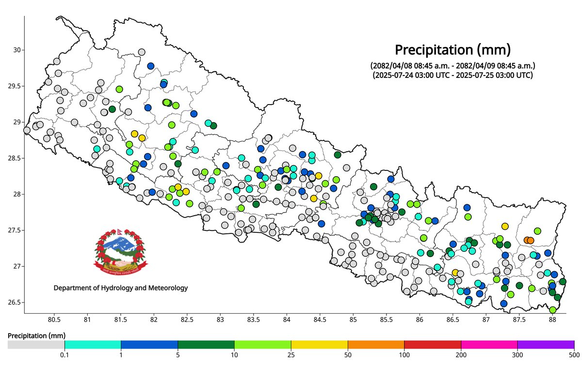 ClimateDhm's tweet image. #Daily_Weather_Summary_25th_July_2025
The highest daily precipitation (67.6mm) is recorded at Taplejung (Taplejung) today. The highest temperature (39.3°C) is recorded at Taulihawa (Kapilbastu) and the lowest (11.5°C) at Humde (Manang). For more, visit dhm.gov.np/climate-