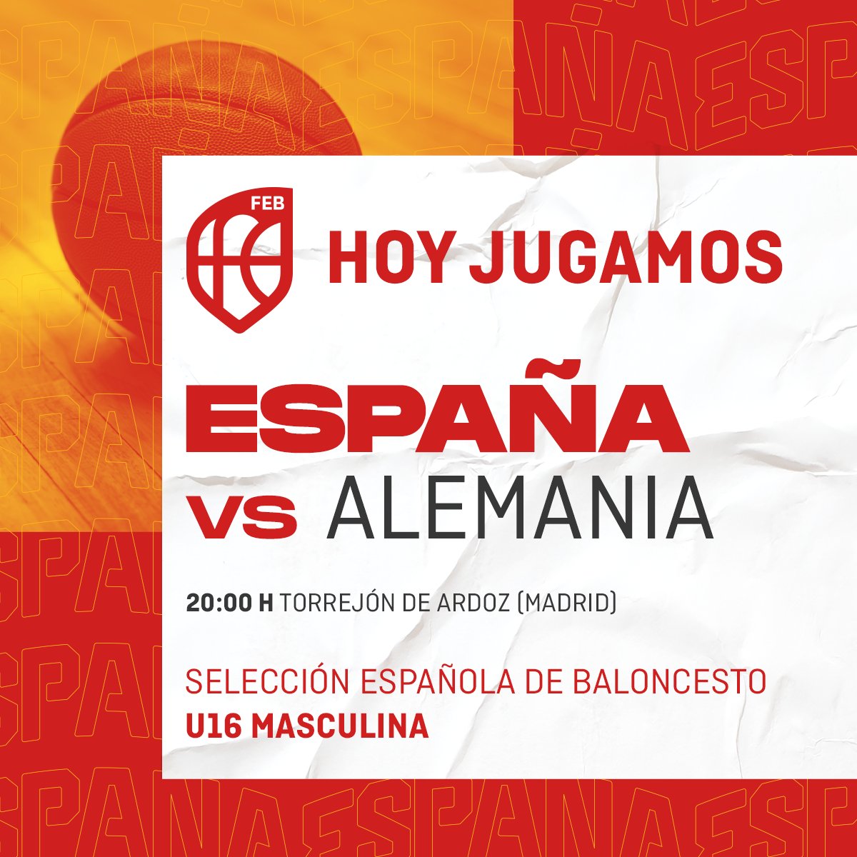La #U16M 🇪🇸 disputa hoy, su segundo partido en Torrejón de Ardoz con mira al #U16Eurobasket 👀

🇪🇸🆚🇩🇪
⏰ 20:00h
📌 Torrejón de Ardoz (Madrid)
📺 twitch.tv/baloncestoesp

#SomosEquipo