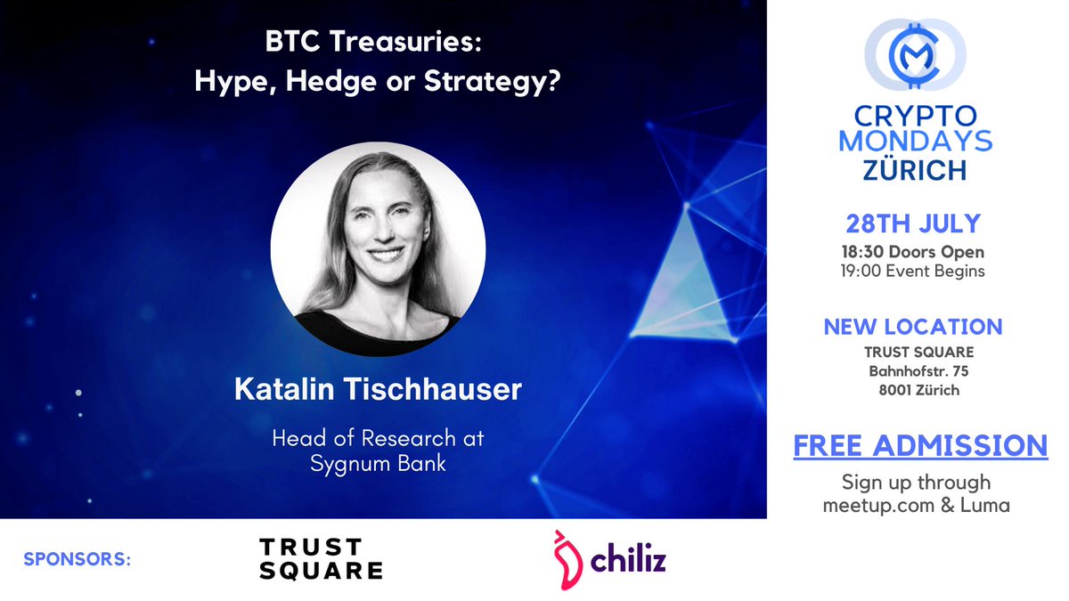 Sygnum Bank (@sygnumofficial) on Twitter photo Sygnum’s Head of Research, <a href="/KatalinTischha1/">Katalin Tischhauser</a>, will join the panel on “Bitcoin Treasuries: Hype, Hedge or Strategy” hosted by <a href="/CryptoMondaysZH/">CryptoMondaysZurich</a>.
On 28 July at 6:30 PM CEST, Katalin will discuss the role of governance, company readiness and execution frameworks in Bitcoin (BTC) Sygnum’s Head of Research, <a href="/KatalinTischha1/">Katalin Tischhauser</a>, will join the panel on “Bitcoin Treasuries: Hype, Hedge or Strategy” hosted by <a href="/CryptoMondaysZH/">CryptoMondaysZurich</a>.
On 28 July at 6:30 PM CEST, Katalin will discuss the role of governance, company readiness and execution frameworks in Bitcoin (BTC)