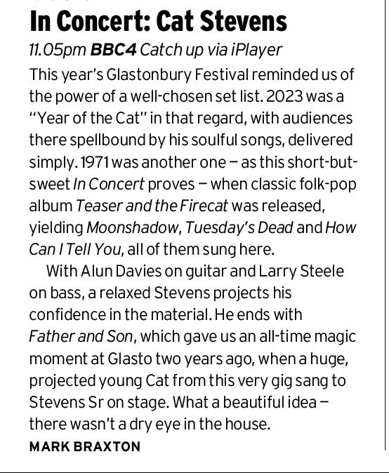 BraxM's tweet image. Years of the Cat...
Remember Cat Stevens's spellbinding set at Glastonbury in 2023, when his younger self sang to him on stage? See the half-hour In Concert from 1971 that the footage came from β repeated tonight on BBC4. It's utterly wonderful. @YusufCatStevens @RadioTimes