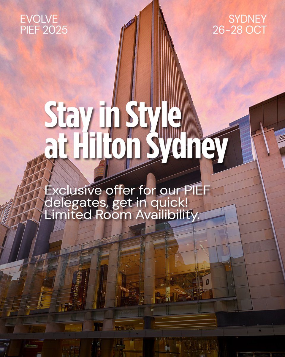 PIEFConference's tweet photo. Heading to PIEF 2025? Make your experience even more memorable by staying at our official conference hotel - Hilton Hotel, Sydney.

🛏️ Special Delegate Rates Available
🚶 Easy Access to the Conference Venue
🍸 Exclusive Networking Opportunities Onsite

https://t.co/xWzLdE7JsA https://t.co/9O8DRP0Guu