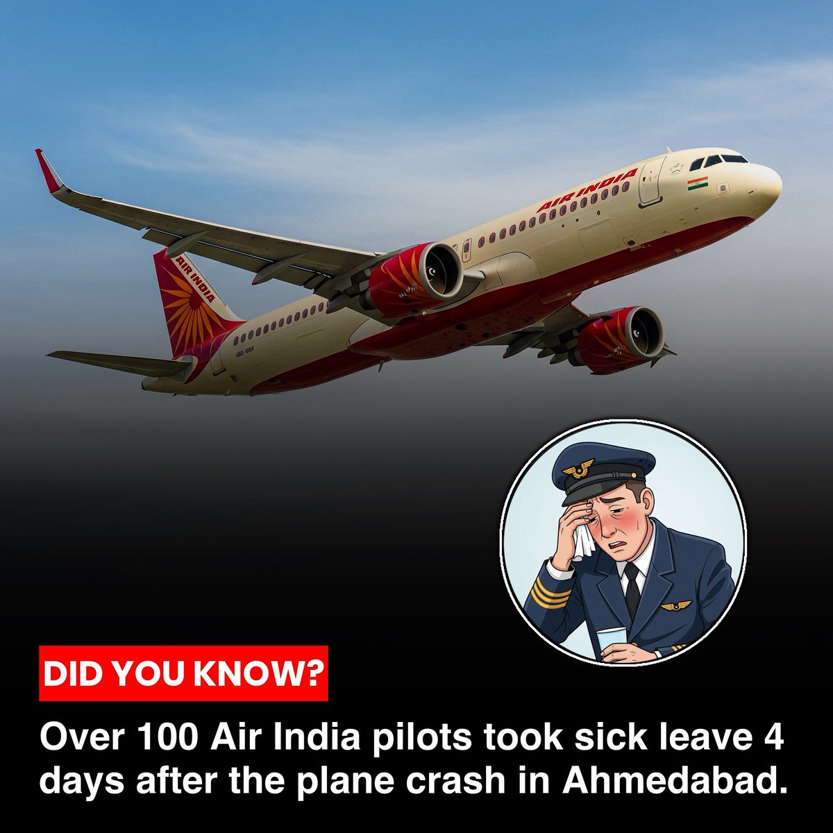 NoNext_Question's tweet image. The Indian government informed Parliament that 112 Air India pilots took sick leave on June 16, following the AI-171 crash in Ahmedabad, which claimed 260 lives.
After the deadly crash, the aviation authority has asked airlines to offer mental health training.