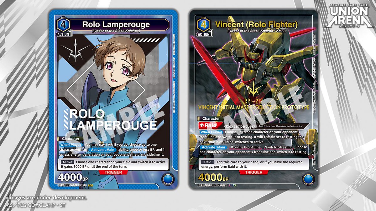 UA_EN_TCG's tweet image. [Card Reveals]
Check out these cards in the CODE GEASS Lelouch of the Rebellion Vol.2 [UEX03BT] Booster Pack, coming Aug. 29! 👀

➡️ Rolo Lamperouge - SR
➡️ Vincent (Rolo Fighter) - SR★

Product details here! 👇
unionarena-tcg.com/na/products/bo…

#UNIONARENA_EN
#geassp