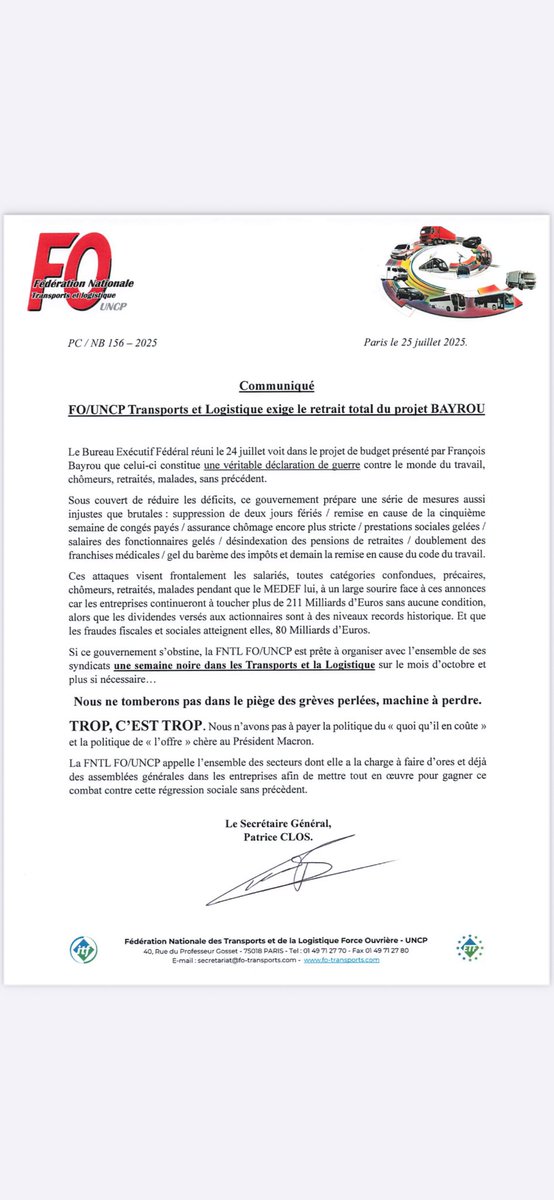 Communiqué de la Fédération des Transports et de la Logistique FO -Uncp