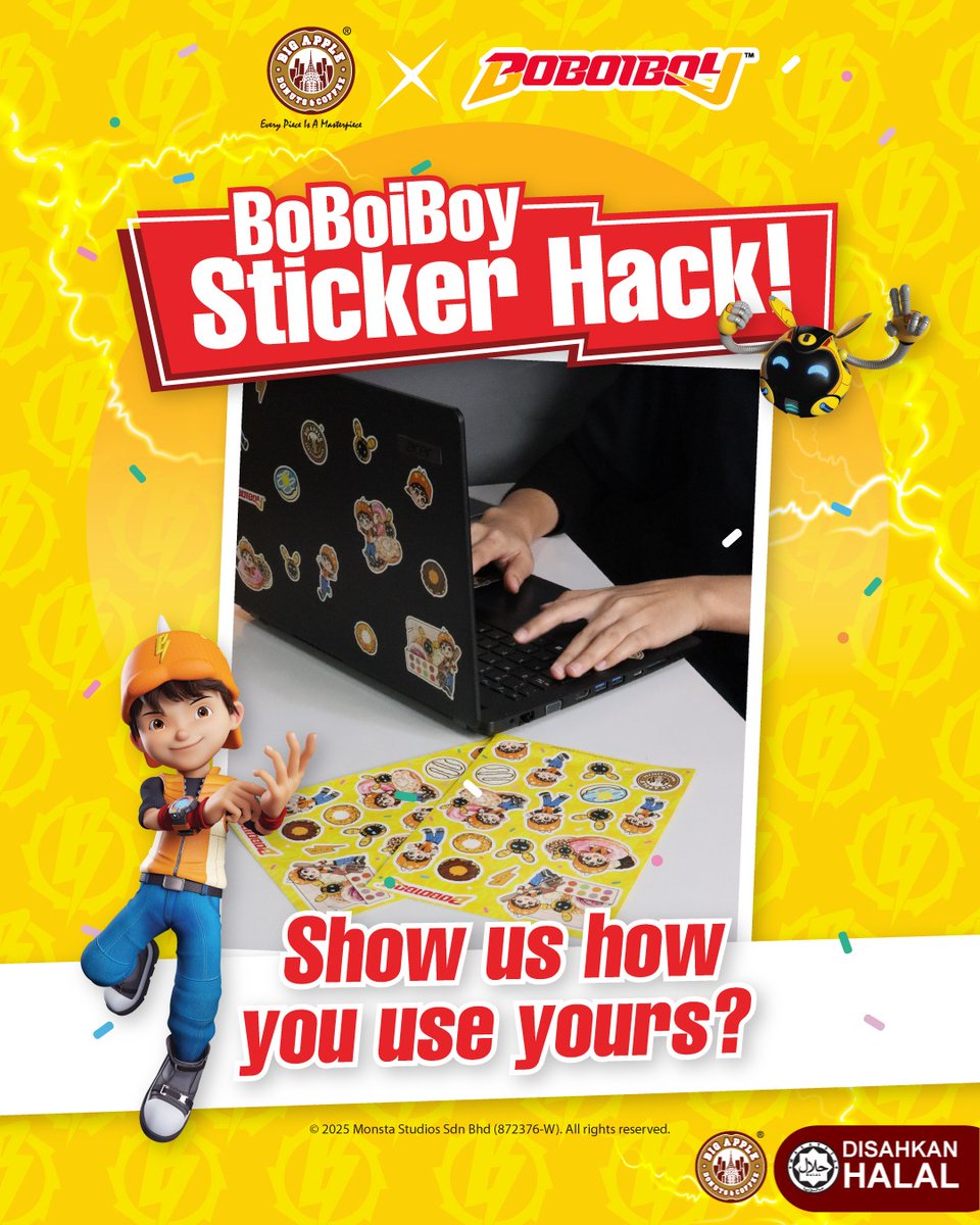 Dapat je sticker BoBoiBoy terus rasa nak hias satu dunia 😂 Tampal kat laptop , botol air, buku nota pun onz! 🤩 Korang pulak tampal kat mana? Bagitau min kat komen ok👇

#bigappledonuts #bigappledonutscoffee #bigappledonut #bigappledonutsmalaysia #Boboiboy #BoboiboyMerch