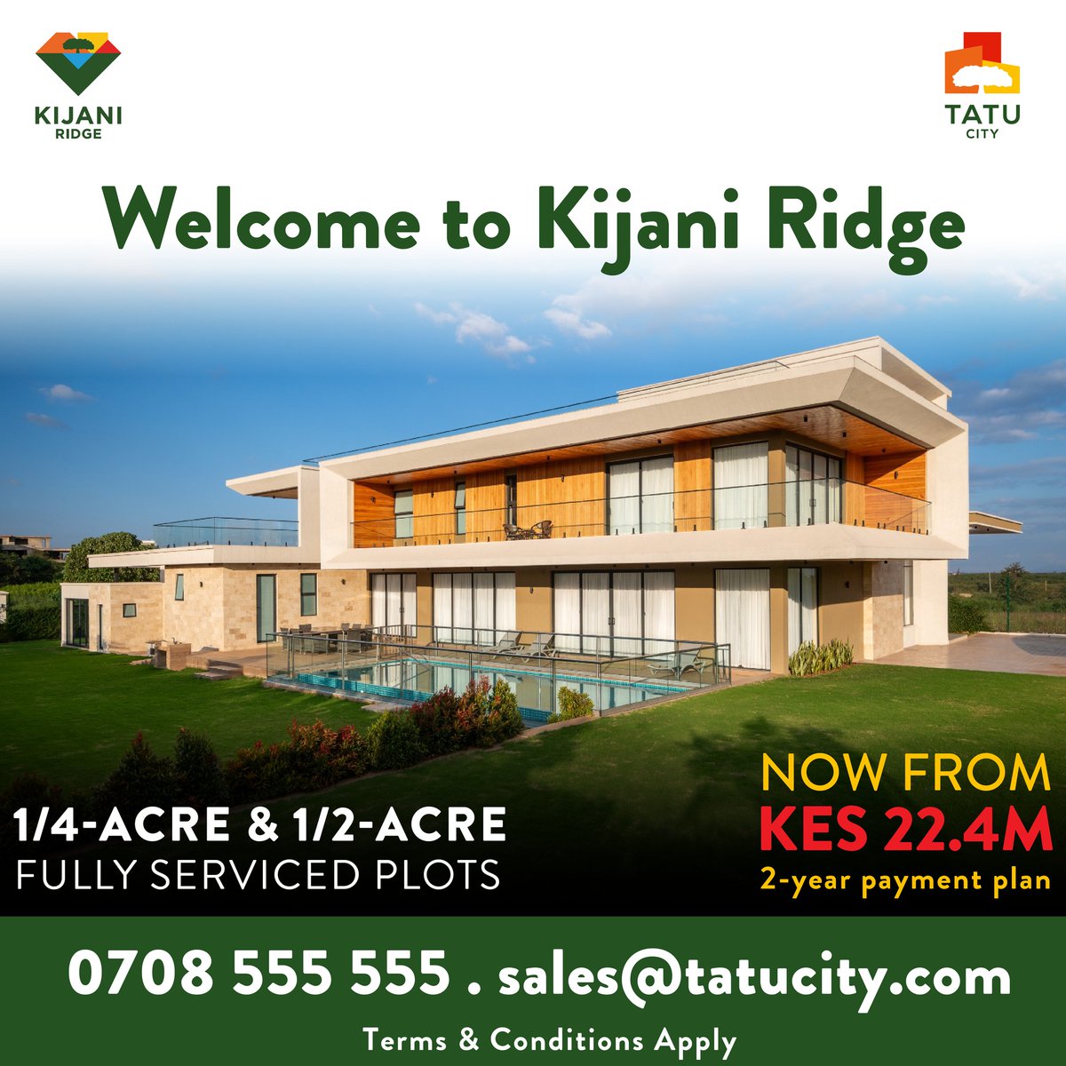 Green. Serene. Secure.
 
Embrace a lifestyle of distinction at Kijani Ridge, Tatu City's most prestigious residential enclave.
 
With fully serviced plots, lush green spaces, and top-tier schools just a stroll away, Kijani Ridge offers the perfect blend of exclusivity and