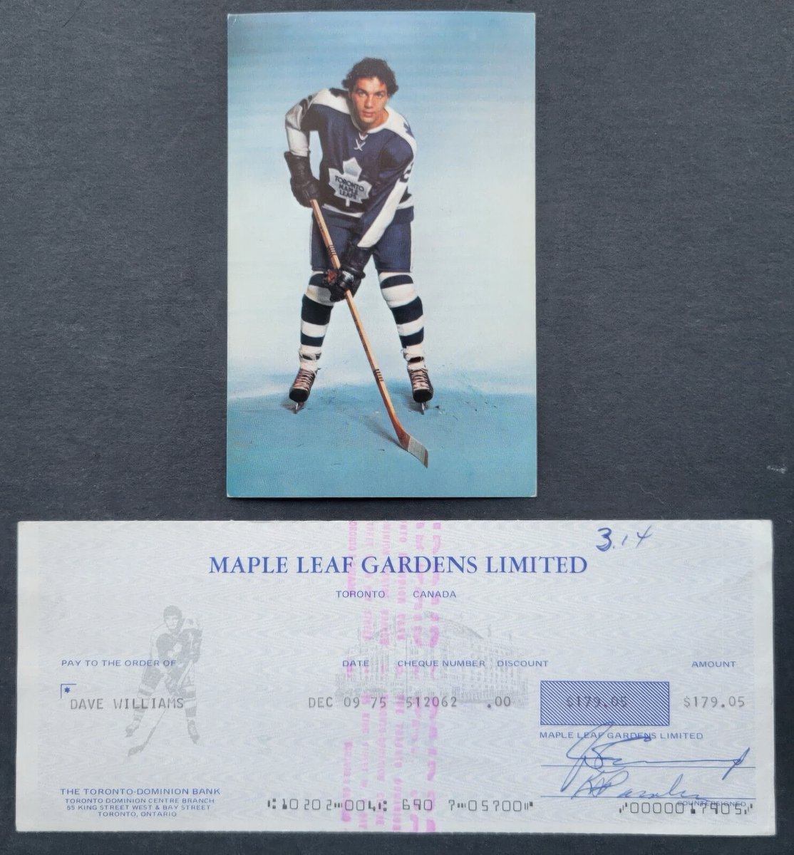 Morgan_C_Ross's tweet image. A Player Game Cheque for Tiger Williams of the Toronto Maple Leafs in 1975