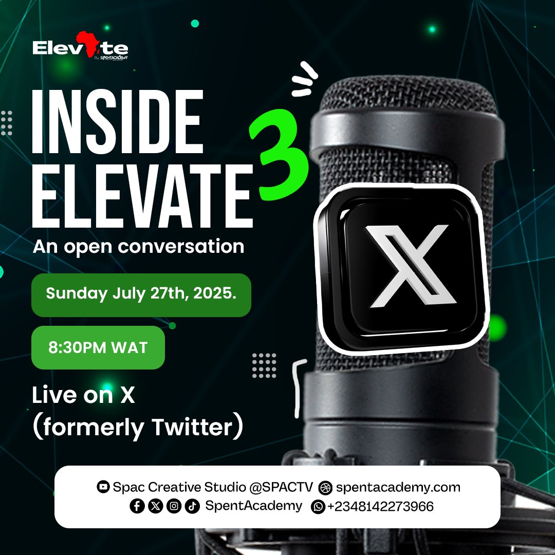 Spentacademy's tweet image. 🚨 ALERT! 🚨

This Sunday, July 27th at 8:30 PM WAT, don&apos;t miss INSIDE ELEVATE 3,  your go-to weekly X Space for real, open conversations! Tune in LIVE on X.

Link:  [x.com/i/spaces/1YpKk…]

#InsideElevate #SpentAcademy #OpenConversation #Elevate1_0