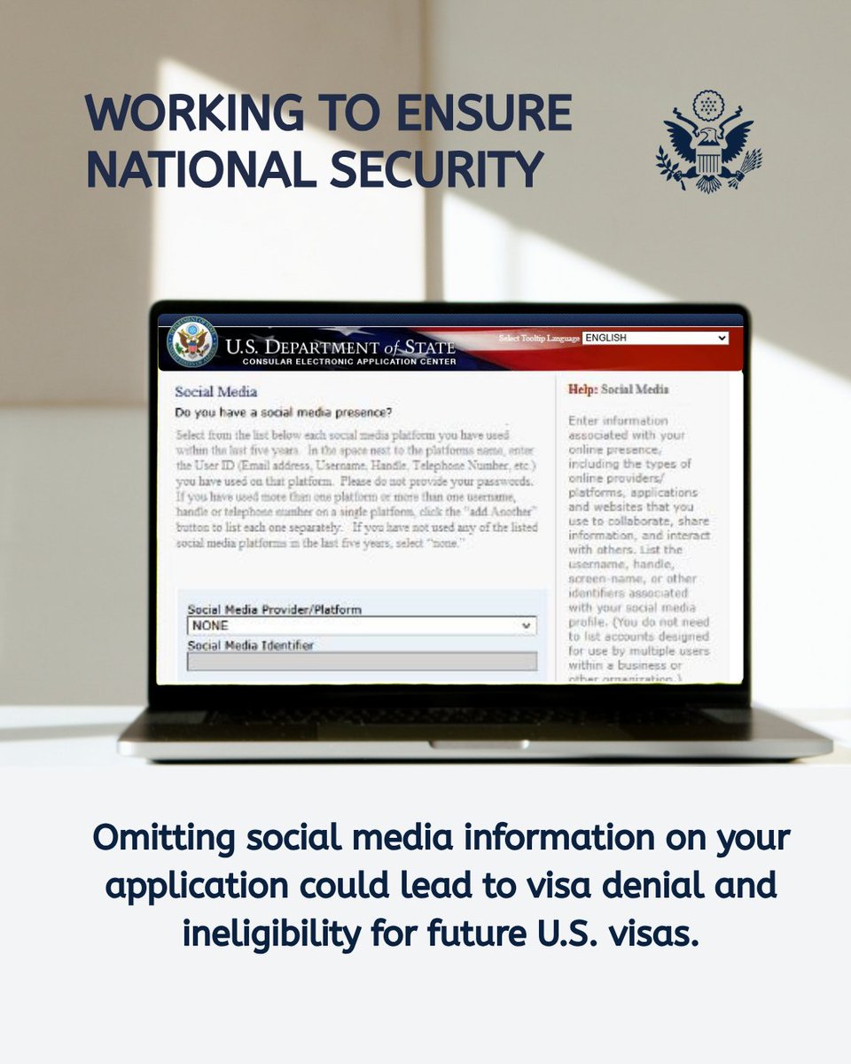 USEmbassyKenya's tweet image. Visa applicants are required to list all social media usernames or handles of every platform they have used from the last 5 years on the DS-160 visa application form. Applicants certify that the information in their visa application is true and correct before they sign and…