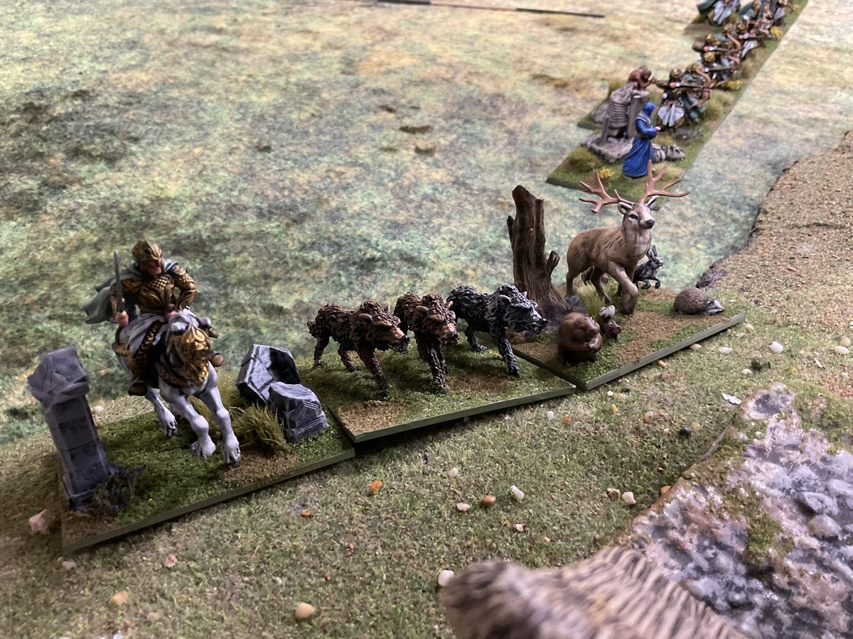 Oldwargamer's tweet image. 3D resin printed Forest animals assisting the Elves in today’s massive #LOTR #DBABigBattle game. #DBA