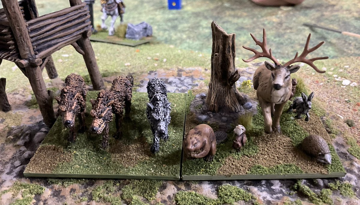 Oldwargamer's tweet image. 3D resin printed Forest animals assisting the Elves in today’s massive #LOTR #DBABigBattle game. #DBA
