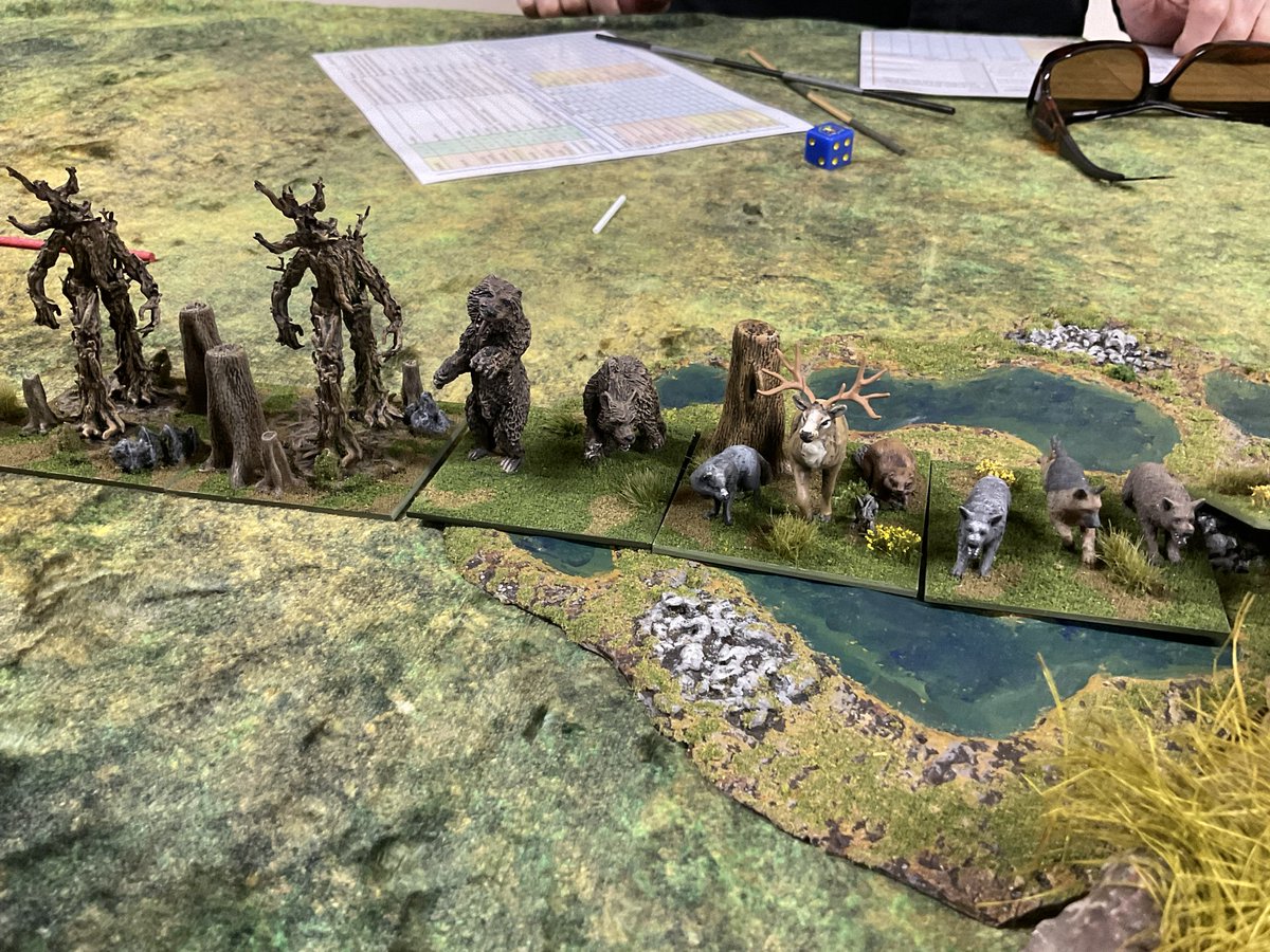 Oldwargamer's tweet image. 3D resin printed Forest animals assisting the Elves in today’s massive #LOTR #DBABigBattle game. #DBA