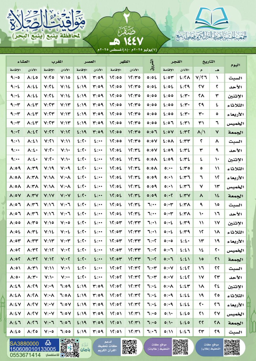 YanbuFriends's tweet image. مواقيت الصلاة لشهر صفر ١٤٤٧هـ في #ينبع
Daily prayer time for the month of ( Safar ) 1447 H
#Yanbu