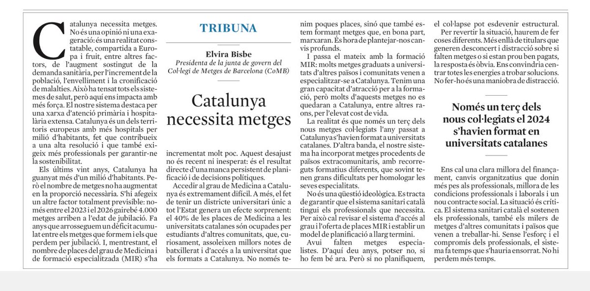 COMBarcelona's tweet image. 📰Article de @ebisbe a @lavanguardia on reflexiona sobre el 𝐝𝐞̀𝐟𝐢𝐜𝐢𝐭 𝐝𝐞 𝐦𝐞𝐭𝐠𝐞𝐬 𝐚 𝐂𝐚𝐭𝐚𝐥𝐮𝐧𝐲𝐚 i la necessitat d’incidir en alguns punts clau:
🔹Condicions d’accés al grau de Medicina.
🔹Oferta de places MIR.
🔹Millores del finançament.
🔹Canvis…