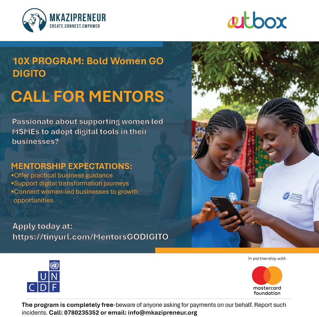 mkazipreneur's tweet image. 🚀 CALL FOR MENTORS!
Are you passionate about supporting women-led MSMEs to adopt digital tools?
Join us on the 10X Program: Bold Women GO DIGITO journey!
👉 Apply now: tinyurl.com/MentorsGODIGITO
#10XDigitalEconomy
@OutboxHub @MastercardFdn @UNCDF