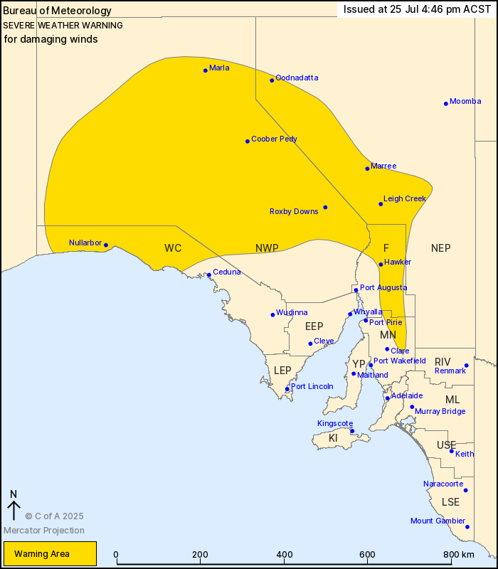 .<a href="/BOM_SA/">Bureau of Meteorology, South Australia</a> has updated a Severe Weather Warning ⚠️ for DAMAGING WINDS 💨 Flinders, NW Pastoral, West Coast, Mid North, NE Pastoral districts

Issued 4:46pm 25 July 2025
bom.gov.au/products/IDS21…