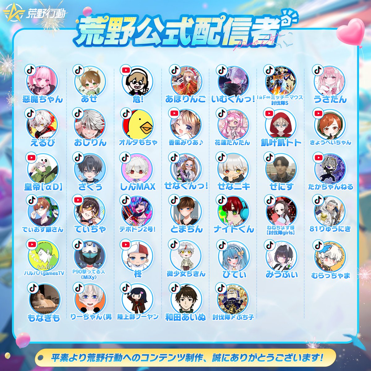 GAME_KNIVES_OUT's tweet image. 🎮荒野7月公式配信者公開感謝🎮
多くの素晴らしい配信者の皆さまに支えられ、心より感謝申し上げます!
これからも一緒に荒野をもっと盛り上げていきましょう🔥
素敵な新メンバーの参加もお待ちしています✨