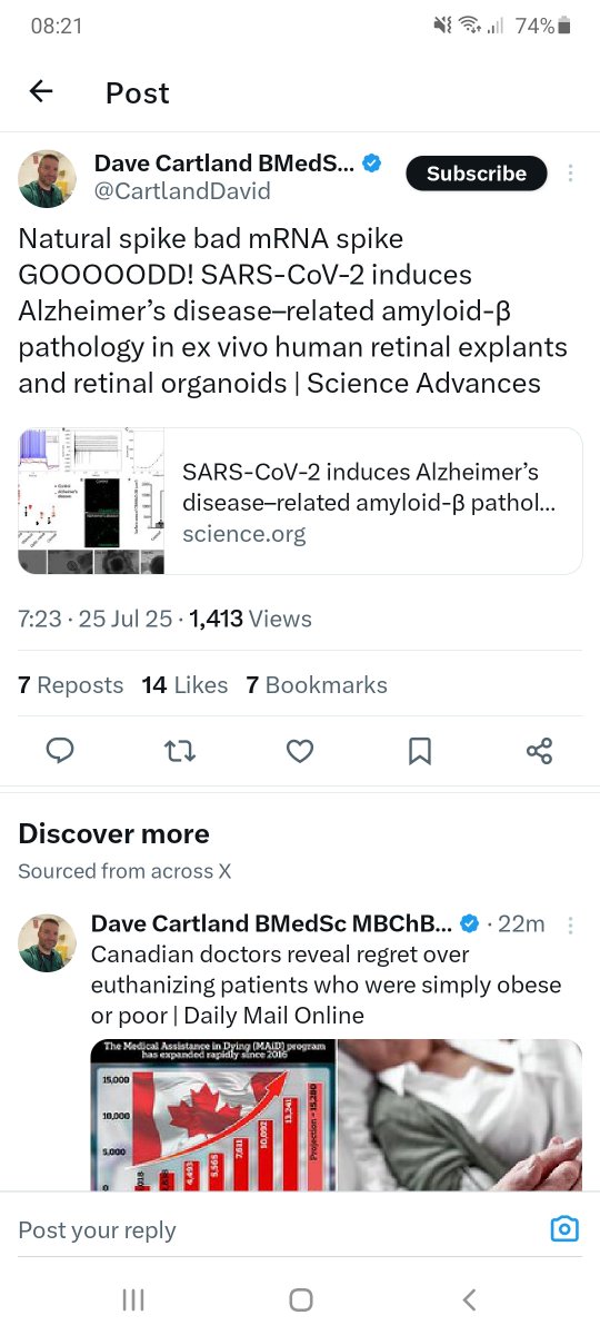 CpfcGal08's tweet image. Mr Cartland has finally realised how important it is to get vaccinated. We know the complexities of the leading cause of mortality in uk is. Now clinical evidence results show Spike 1 protein, during infection with SARS-CoV-2, can induce amyloid-β
science.org/doi/10.1126/sc…