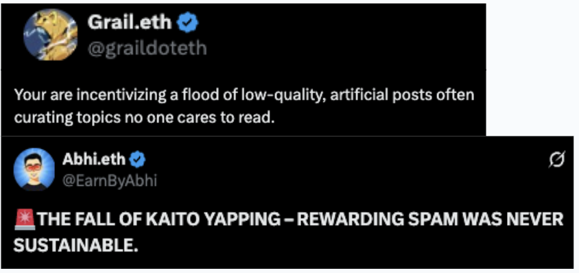 Is Kaito Losing Its Voice Leadership?

<a href="/KaitoAI/">Kaito AI 🌊</a> is increasingly turning into a hub for shit-posting and liquidity exits.

The thoughtful insights of good researchers and the meaningful voices of strong leaders are being drowned out by short-term yapping, driven by users chasing