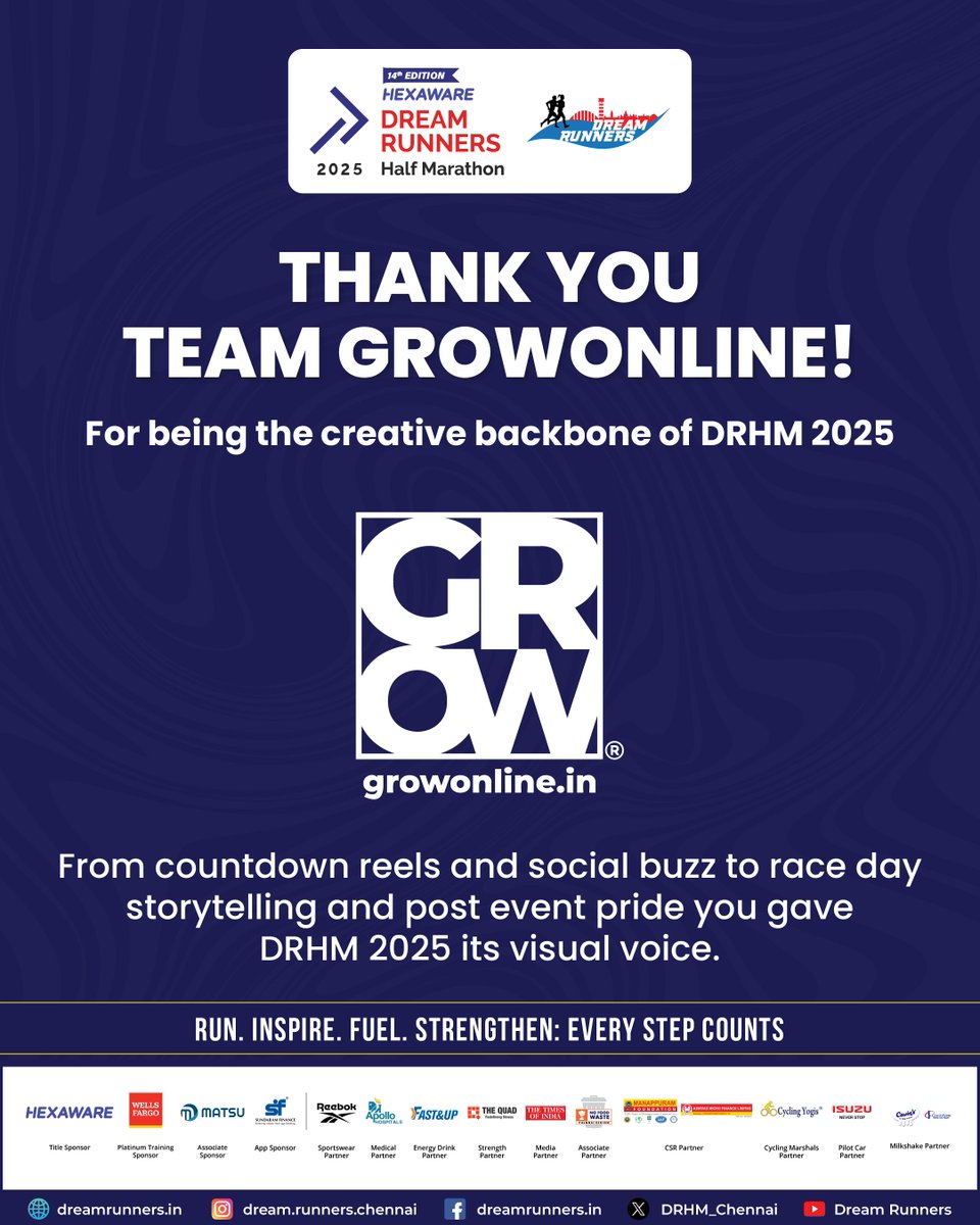DRHM_Chennai's tweet image. Thank you, GrowOnline, for being the creative pulse of DRHM 2025.
@HexawareGlobal
@WellsFargo
@MatsuGlobal
@reebokindia
@FastandUp_India
@HospitalsApollo
@timesofindia
@nfwchennai
@ManappuramMAFIL
@IsuzuIndia