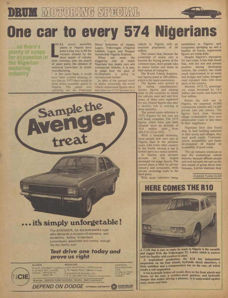 StartArchiving's tweet image. “One car to every 574 Nigerians” — DRUM, 1975
“With a buoyant economy, more people now own cars in Nigeria than in the previous years. Like every other country in the world, owning a car is looked upon as a status symbol.”