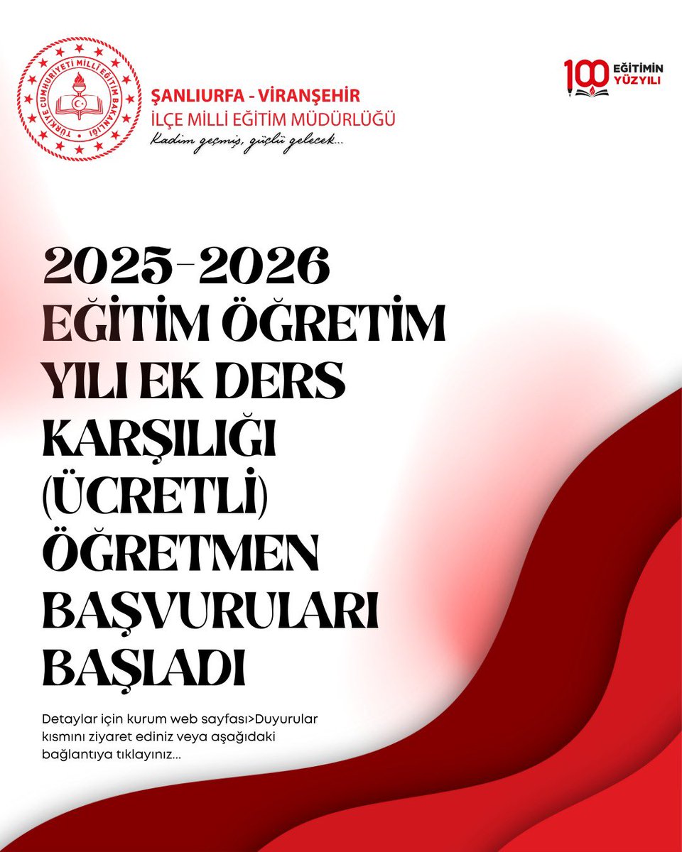 2025-2026 Eğitim Öğretim Yılında ek ders ücreti karşılığında görev almak isteyen öğretmen adayları için başvurular başlamıştır.

📄 Detaylı bilgi için:
🔗 viransehir.meb.gov.tr/www/2025-2026-…

📝 Başvuru formu için:
🔗 meb.ai/UhgXcEU