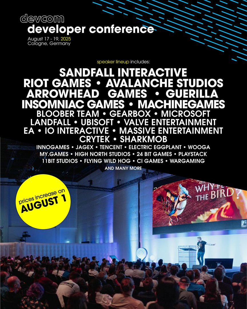 Europe’s biggest developer conference is back! #ddc2025 | Aug 17–19 | Cologne

🎯 5,000+ devs, 350+ speakers, 200+ sessions
🎮 Kick off your gamescom week at devcom!
💡 indie expo, workshops, networking &amp; more
🔜 Prices increase after July 31! 

devcom.global