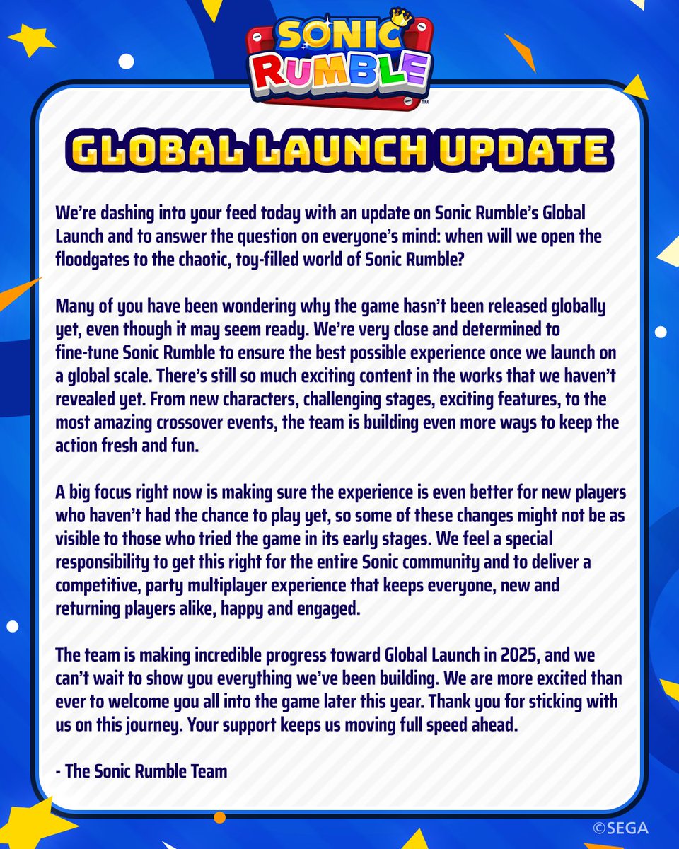 Sonic_Rumble's tweet image. We’re making incredible progress on Sonic Rumble, which is why we wanted to share an update from the team on the development and the status of the Global Launch – which is still on track for later this year!
Please note that the store pages might indicate a specific date for…