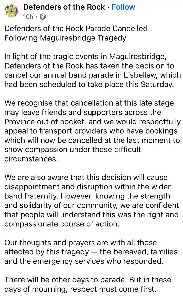 Our community is grieving. This is the Fermanagh I know &amp; love, where bonds between people are bigger than anything. Defenders of the Rock Flute band have shown leadership in this truly sad time. The band is to be congratulated for taking this respectful decision.