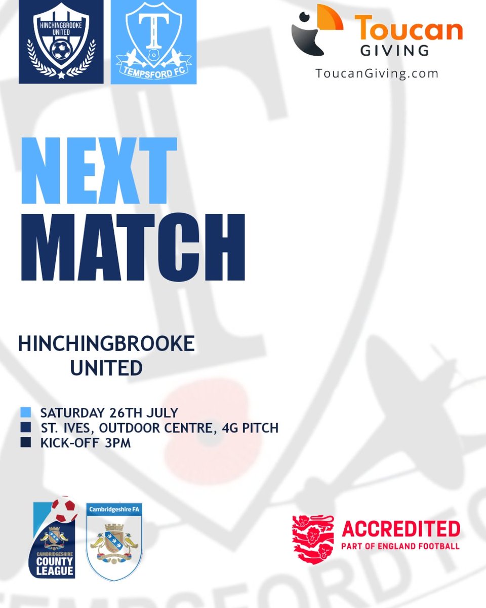 🚨 PRE-SEASON KICK-OFF 🚨

Tempsford FC are back in action this Saturday! 🟡⚫

🆚 Hinchingbrooke United
📍 St. Ives Outdoor Centre
🕒 3:00 PM KO

Our first run-out of the summer as we build towards the 2025/26 season! 👊⚽

#TempsfordFC #PreSeason #UpTheFord #GrassRootsFootball