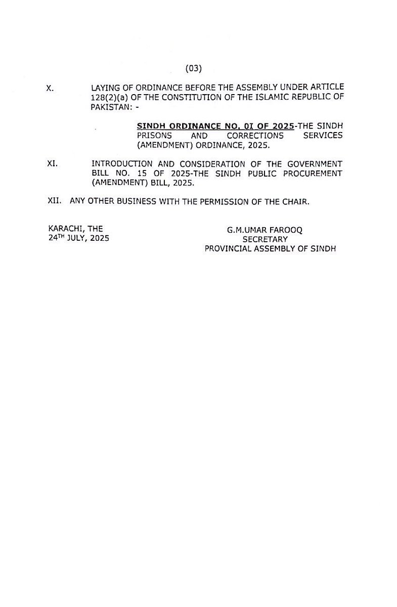 Orders of the Day for the session of the Provincial Assembly of Sindh scheduled for today, 25th July 2025, at 3:00 PM.
