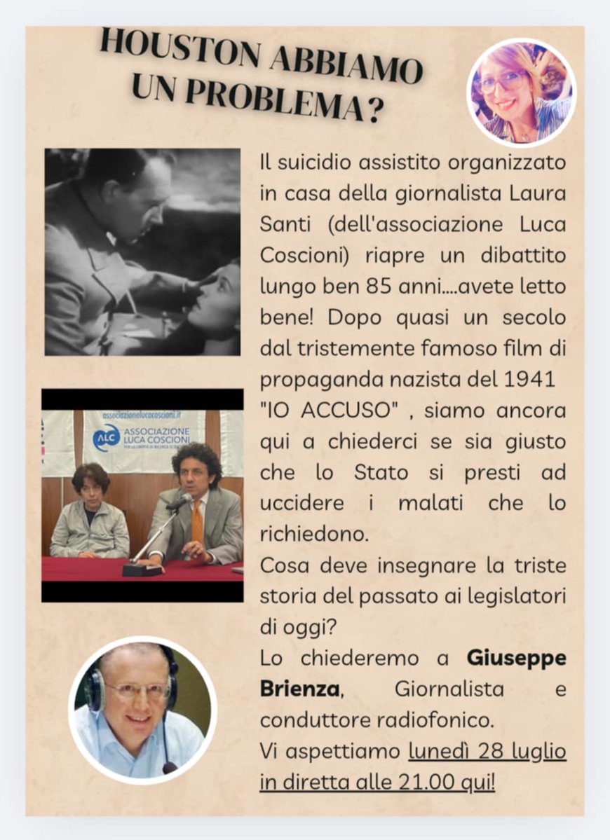 LAURA SANTI, MA ERA DAVVERO ARRIVATO IL SUO MOMENTO?
Siamo sicuri che depenalizzare il cosiddetto "suicidio assistito" sarà un PROGRESSO e non un passo indietro di quasi un secolo?

Ne parliamo lunedì 28 alle ore 21 in diretta dal profilo Facebook di Rosa Pellegrino🌹 
#eutanasia