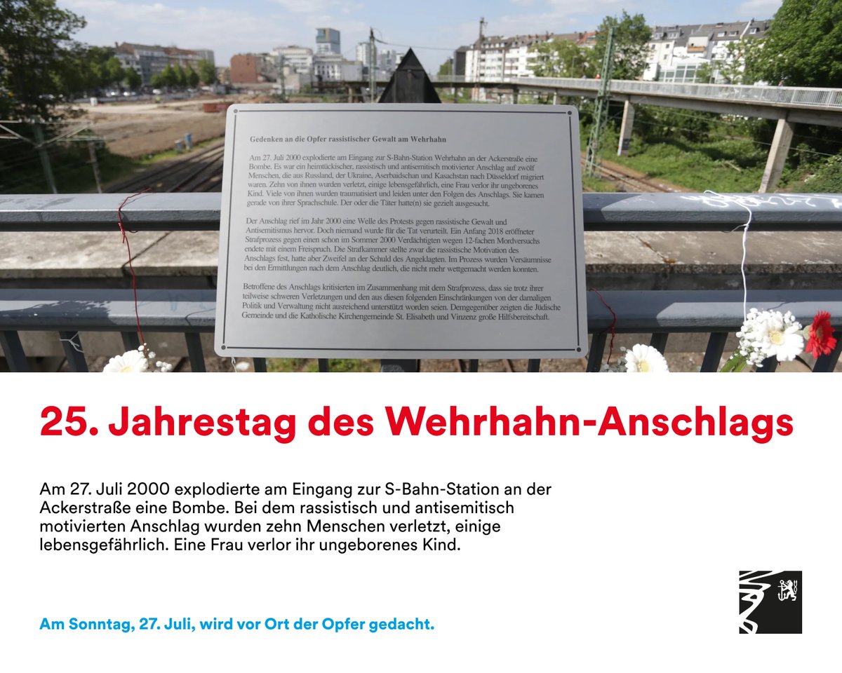 #Düsseldorf erinnert an die Menschen, die im Juli 2000 aus rassistischen und antisemitischen Motiven durch eine Bombe am S-Bahnhof #Wehrhahn zum Teil schwer verletzt wurden.

Am Sonntag, 27. Juli, gibt es um 15 Uhr ein Gedenken am Ort des Anschlags.

➡️ wehrhahn-erinnern.de