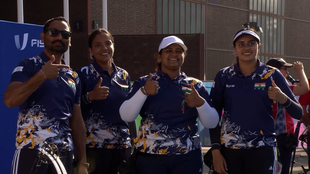 Indian women's Compound Archery team wins bronze with a 232-224 win over Britain in the FISU World University Games 2025 at the iconic Zollverein Coal Mine Industrial Complex in Essen, Germany.  
📷: Screenshot from FISU TV website