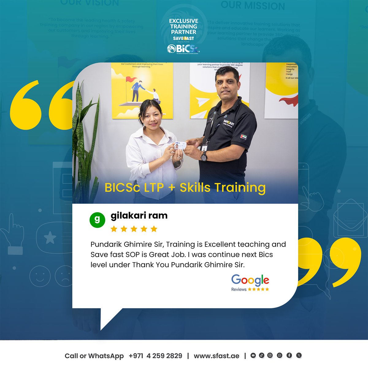 save_fast's tweet image. Outstanding BICSc training with Mr. Pundarik Ghimire — from clarity to confidence!
Thank you Gilakari Ram &amp;amp; Narender Banoth for the 5⭐ feedback.
📞 +971 4 259 2829
🌐 sfast.ae
#BICSc #SaveFastUAE #CleaningIndustry #SkillsDevelopment #BICScTraining #Facilities