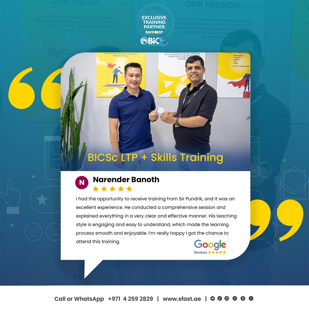 save_fast's tweet image. Outstanding BICSc training with Mr. Pundarik Ghimire — from clarity to confidence!
Thank you Gilakari Ram &amp;amp; Narender Banoth for the 5⭐ feedback.
📞 +971 4 259 2829
🌐 sfast.ae
#BICSc #SaveFastUAE #CleaningIndustry #SkillsDevelopment #BICScTraining #Facilities