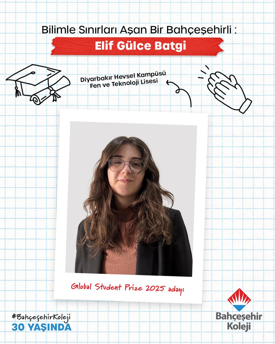 🌍 Dünyaya İlham Veren Öğrencimiz!

Diyarbakır Hevsel Kampüsü Fen ve Teknoloji Lisesi 11. sınıf öğrencimiz Elif Gülce Batgi, suların kirlenmesine yönelik geliştirdiği filtre projesiyle dünyanın en ilham verici 50 öğrencisi arasına girdi!

Eğitimin Nobel'i olarak bilinen ve