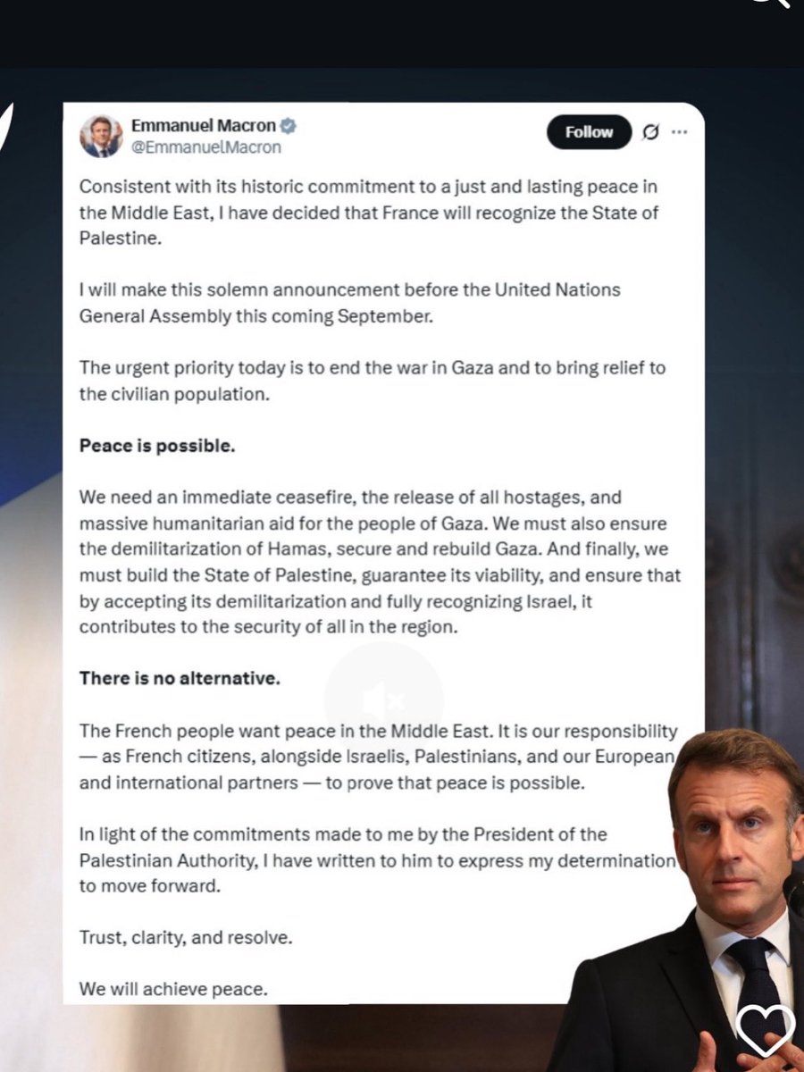 Why is Macron’s decision to recognize Palestine a turning point 🇫🇷🇵🇸

Just hours after the US cut short the ceasefire negotiations and failed once again to put an end to the reckless killings of Palestinians by Israel, here comes Macron.
His decision makes France the first G7