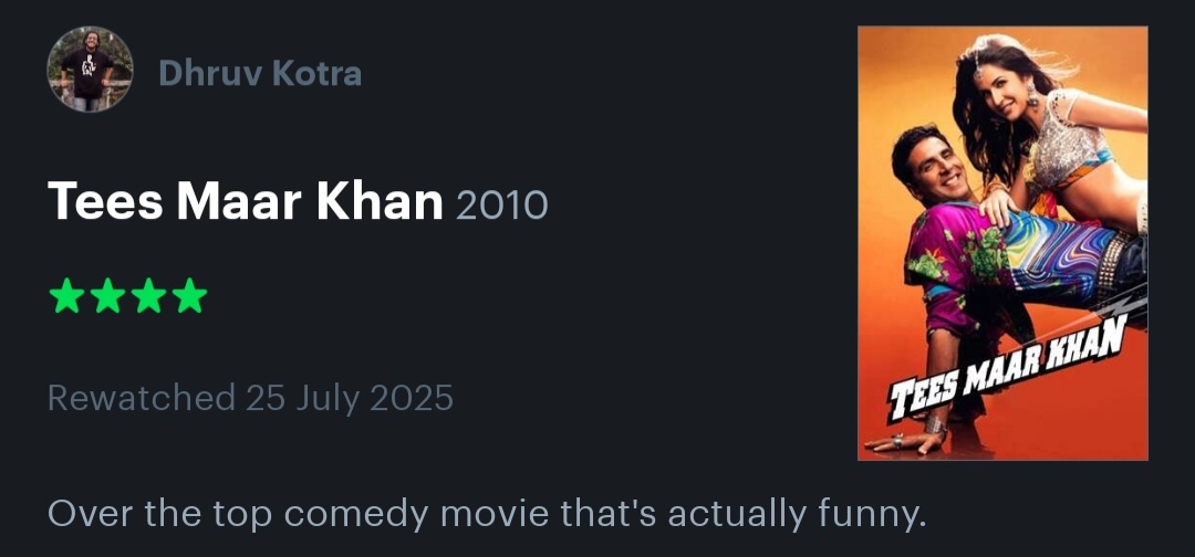 Artok_812's tweet photo. My review of #TeesMaarKhan on #Letterboxd
https://t.co/UluDukCY2S
Thank you #FarahKhan
#AkshayKumar #KatrinaKaif #akshayekhanna #RaghuRam #RajivLakshman #ApraMehta #MuraliSharma #AmanVerma #MovieReviews #Cinema #ComedyHeist #MovieNerd https://t.co/8wVQ1hhhKi