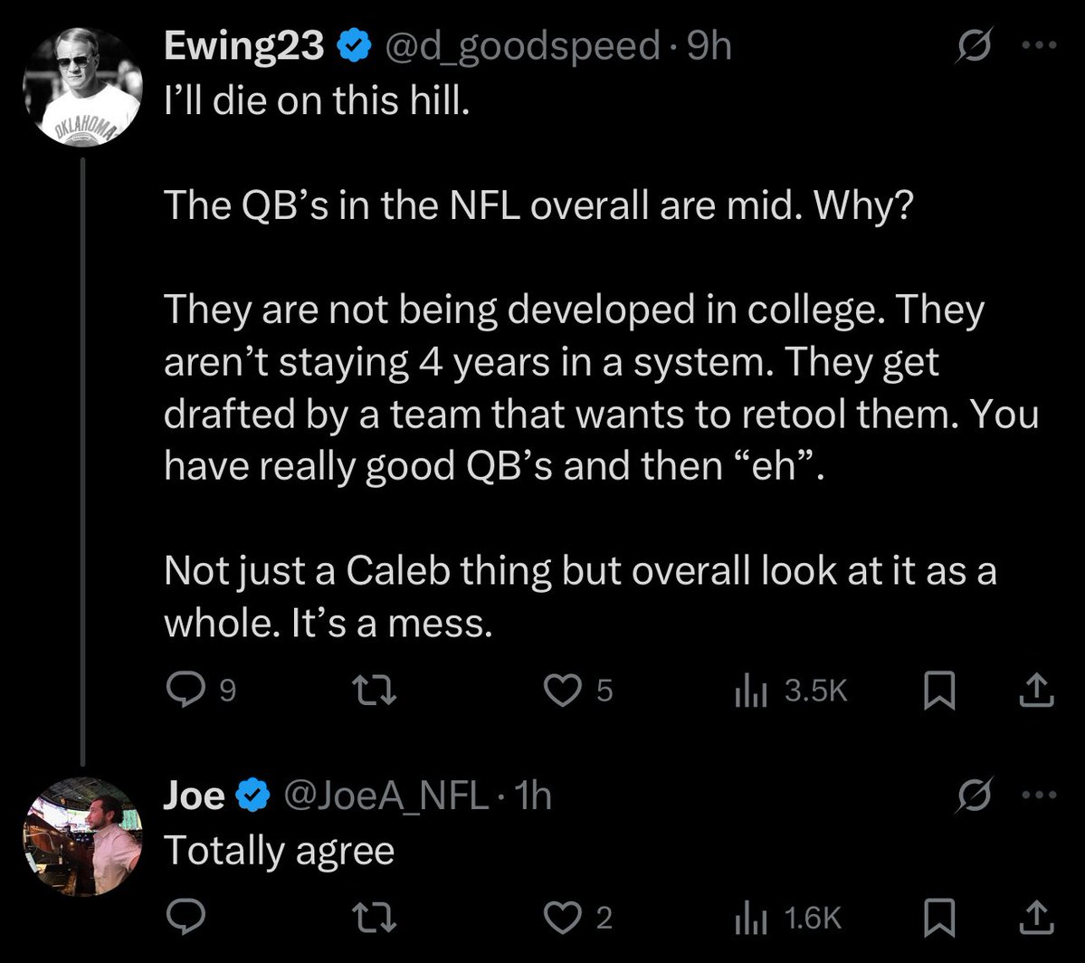 DylanIsADragon's tweet image. “QB’s in the NFL overall are mid.”
“Totally agree”
Twitter really is home to some of the dumbest takes you’ll ever see lol.