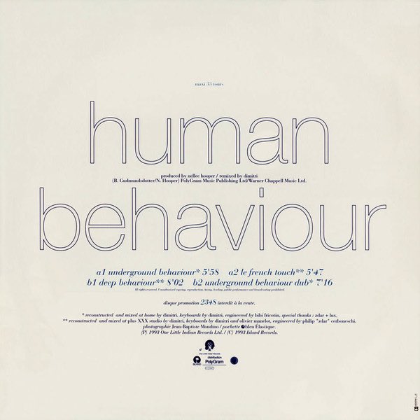 CTIGUIDOO's tweet image. 🎧 ➡️ Björk – Human Behaviour (Remixes Dimitri)
Philippe Zdar Full Bibi Dimitri From Paris 
Photography By – Jean-Baptiste Mondino
Producer – Nellee Hooper