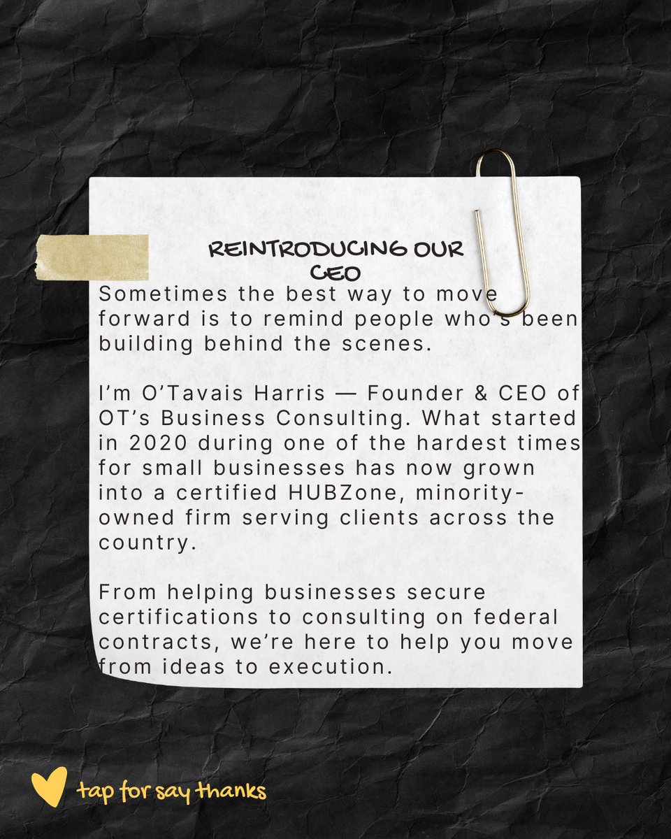 Reintroducing myself — O’Tavais Harris, Founder &amp; CEO of OT’s Business Consulting.
From launching during COVID to becoming a HUBZone-certified, minority-owned firm — we're helping businesses move from ideas to execution